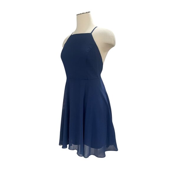 Navy Blue Chiffon Skater Dress Strappy Back Fit And Flare Flowy Cocktail Party - Picture 6 of 8
